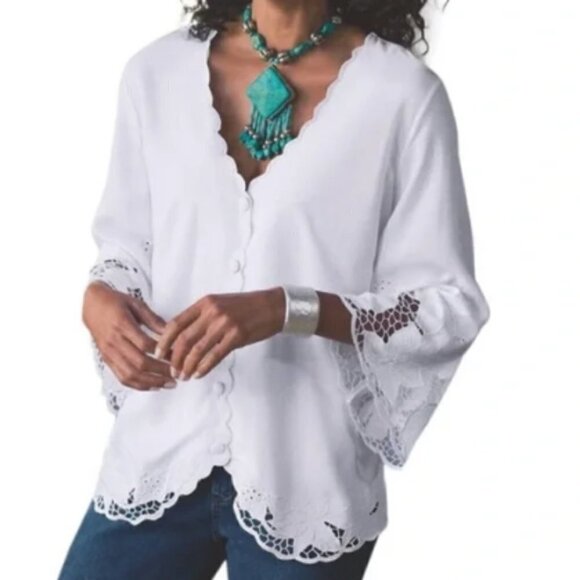 Soft Surroundings White Button Front Top Bell Sleeve Embroidered Crochet Hem S - Picture 1 of 9
